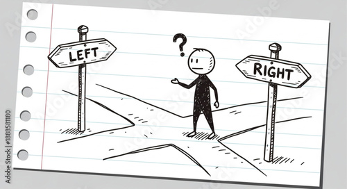 Stick figure confused at a crossroads with signs pointing left and right.