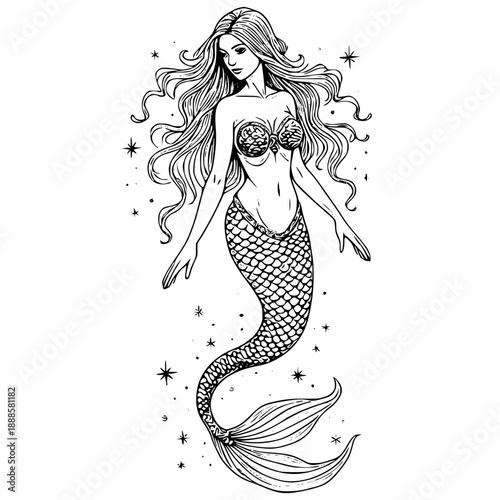 Mermaid illustration with flowing hair and starry surroundings