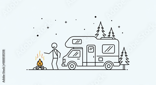Stick figure enjoying a campfire next to a camper van.