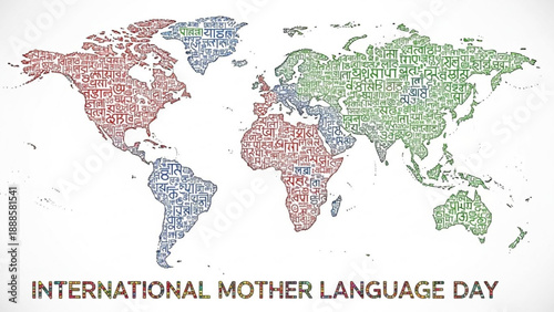 International mother language day colorful world map with text on white background