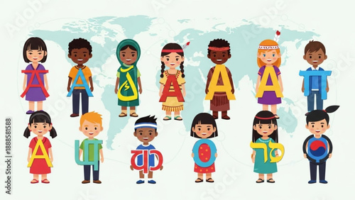 Diverse group of children standing in front of world map representing global unity and friendship