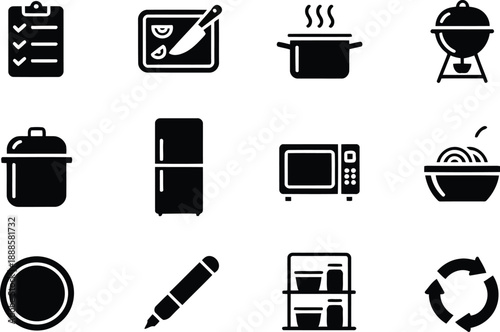 Essential kitchen and utility icons featuring cooking tools, appliances, food, and common household objects