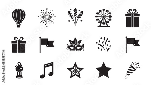 Party icons set in minimalist black style on white background for celebration design
