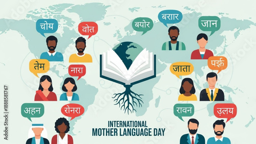 International mother language day illustration with diverse people and speech bubbles