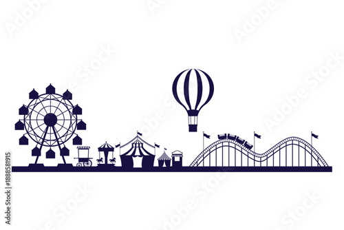 Silhouette Amusement Park Scene with Ferris Wheel, Carousel, Roller Coaster, and Circus Tents on White Background