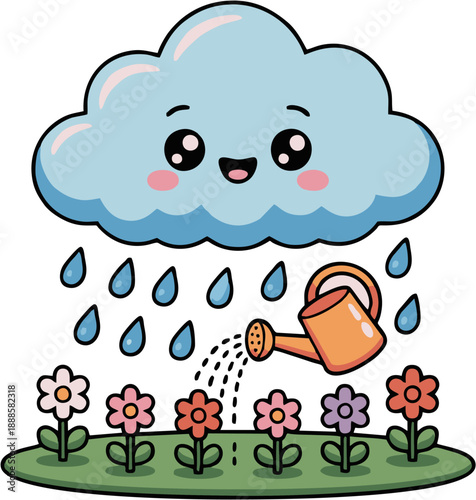A cheerful kawaii blue cloud raining over a garden while using an orange watering can to help flowers grow.