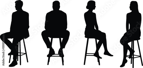 Four black silhouettes of men and women seated on bar stools, presented from frontal and side perspectives