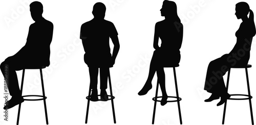 Four black silhouettes of diverse people sitting on high bar stools in various relaxed poses