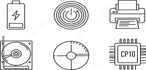 Computer Hardware Line Icon Set Featuring Battery Charging Power Button Printer Hard Drive Cpu Processor And Data Storage For Technology Design