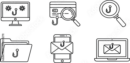 Cybersecurity and phishing line icon set featuring fish hook on computer screen magnifying glass credit card folder and email scam elements