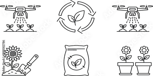 Agriculture and smart farming line icon set featuring drone irrigation organic recycling leaf symbol sunflower gardening tools and potted flower plants