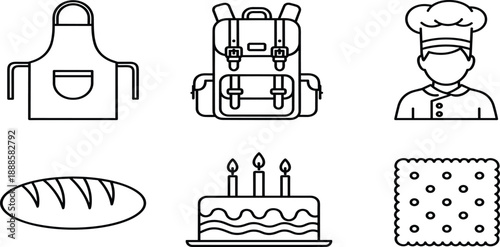 Bakery and cooking line icon set featuring chef hat apron backpack bread loaf birthday cake and cracker for culinary design,