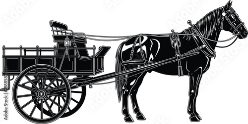 Vintage black and white silhouette illustration of a traditional horse-drawn carriage and buggy with wooden wheels isolated on white background for historical transportation concepts