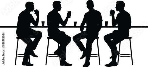 Four men are seated at a bar counter, enjoying different types of drinks in various glasses