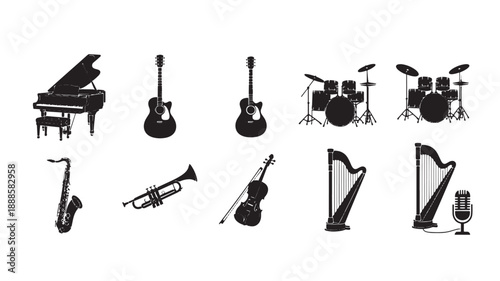 Musical Instruments Silhouettes in Modern Minimalist Style with High Contrast Black on White Background for Music Industry