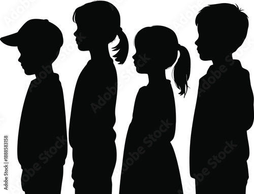 Four young child silhouettes standing together in profile facing towards the right side