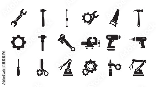 Industrial Tools Icons Set in Modern Minimalist Style with Black Silhouettes on White Background for Web Design