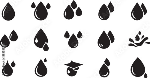 Black and white water droplet icons set on white background