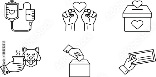 Charity and Humanitarian Aid Icon Set Featuring Blood Donation Solidarity Heart Donation Box Animal Rescue and Volunteer Support Symbols for Non-profit.