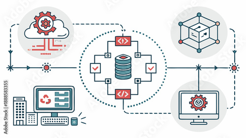 Minimal sharp corner icons illustrating directional shape and data synchronization across multiple devices and servers