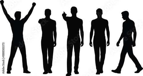 Full body silhouettes of five casual men in different poses expressing joy, direction, and movement
