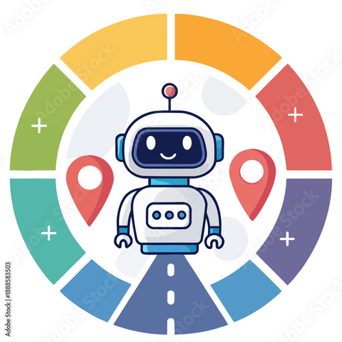 A cheerful robot icon with a colorful circular design and navigation elements