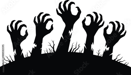 Ghastly zombie hands with jagged claws reaching from bare soil with small branches on white