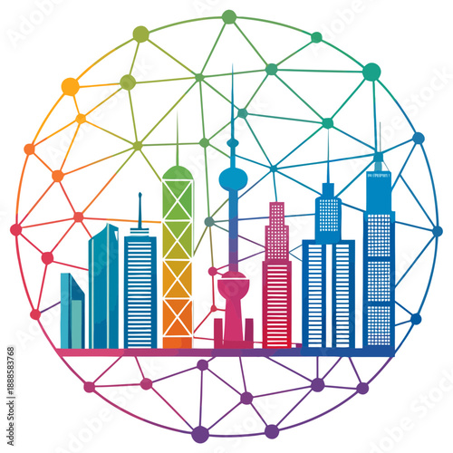 A colorful vector graphic illustration of a city skyline in a globe