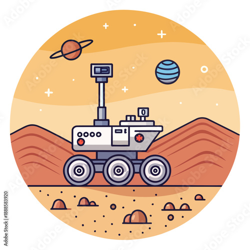 A vector graphic illustration of a robotic rover on Mars with planets in the background