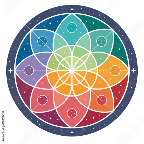 A vibrant and colorful flower of life symbol in a circular design