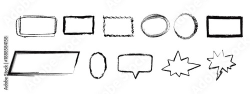 Crayon drawn text box collection. Text boxes textured frames. Rounded and square figures. Vector hand drawn shapes. 