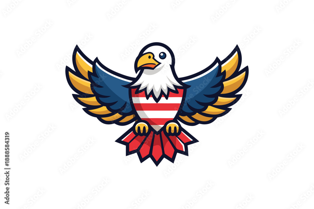 Fototapeta premium Patriotic american eagle mascot character with stars and stripes shield chest design vector graphic