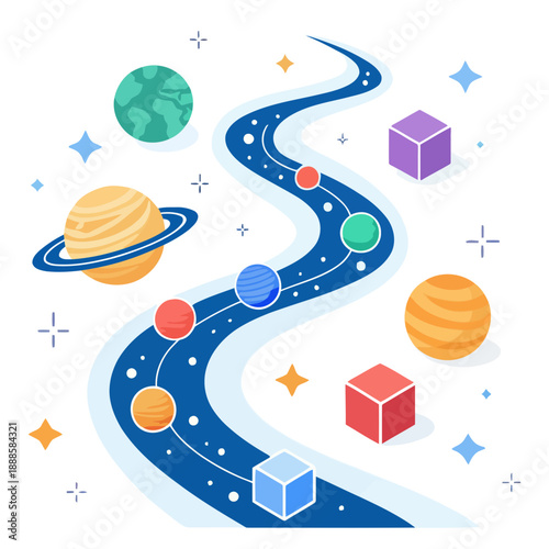 A colorful vector illustration of a winding road through the solar system