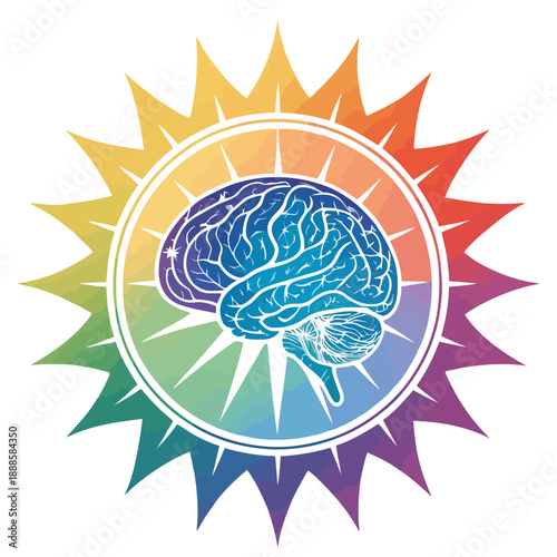 A colorful brain icon with a rainbow sunburst design element