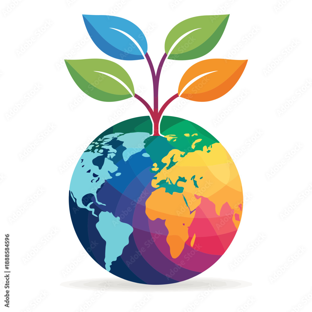 Fototapeta premium A colorful vector graphic of the Earth with a sprouting plant