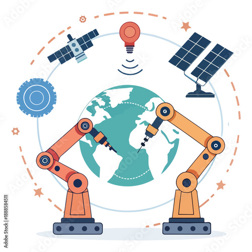 A vector graphic illustration of robotic arms and technology symbols around the Earth