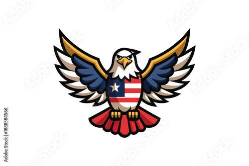 Eagle mascot logo with american flag shield on chest and gold feathers details in cartoon style art