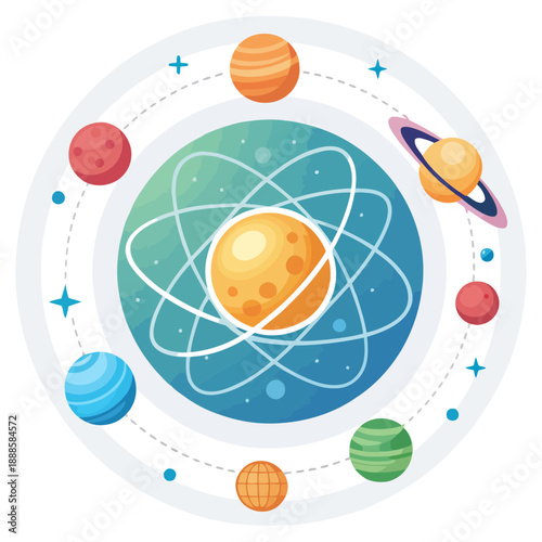 A colorful vector illustration of the solar system with planets and stars