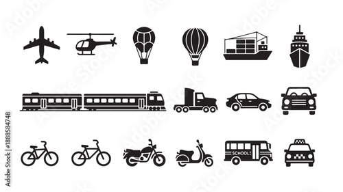 Transportation Icons Set in Simple Monochrome Style with Black Color on White Background for Infographic Design