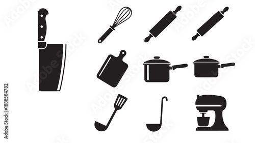 Kitchen Utensils Silhouettes in Modern Minimalist Style with Black Color on White Background for Cooking Website