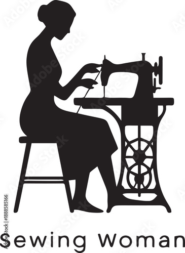 Sewing woman silhouette. elegant lady engaged in needlework, operating vintage sewing machine, creative craft hobby