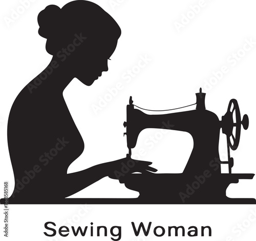 Sewing woman silhouette. lady focused on her craft, operating old fashioned sewing machine, detailed profile view