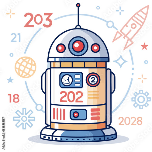 A colorful illustration of a robot surrounded by futuristic design elements