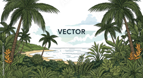 Tropical beach landscape with palm trees, ocean waves, sandy shore, lush greenery, blue sky, summer vacation, exotic nature background, travel concept