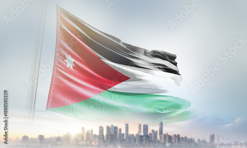 Foto Jordan flag waving with modern futuristic buildings