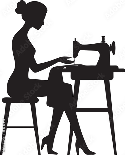 Woman sewing with vintage sewing machine silhouette vector illustration for crafting and handmade projects hobby