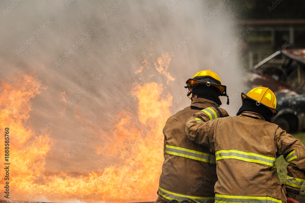 Naklejka premium Firefighters extinguishing burning car during emergency response