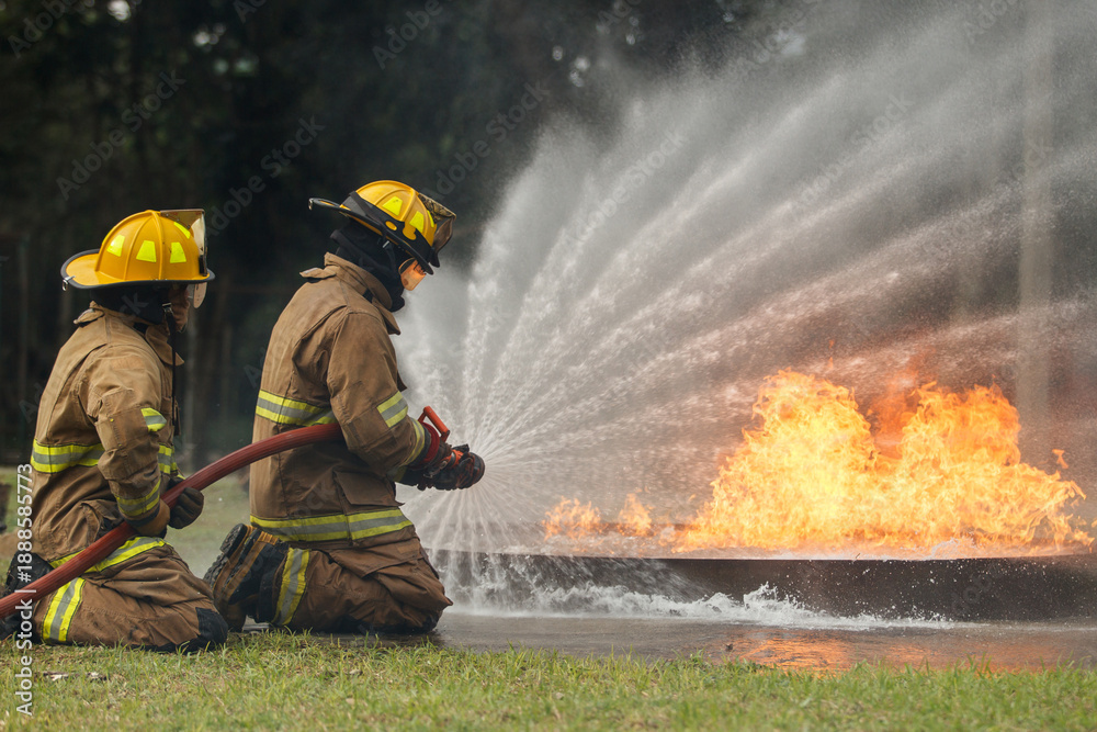 Naklejka premium Firefighters extinguishing burning car during emergency response