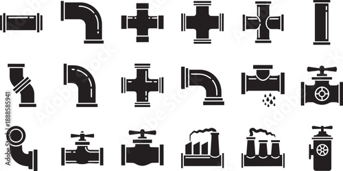 Black and white plumbing pipe fittings and valves illustration set