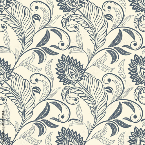floral pattern vintage ethnic modern embroidery texture boho design hand drawn flower motif branches leaves wallpaper seamless background border.